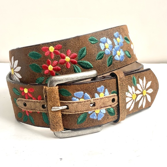 Accessories - Boho Chic Belt Embroidered Flowers Green Leather Festival Hippie Size L